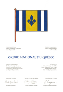 Dessin annex aux lettres patentes de concession d'un drapeau  l'Ordre national du Qubec. Cliquez sur ce lien pour consulter le document PDF.